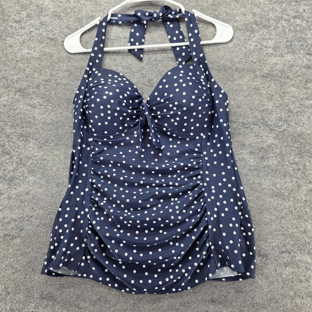 Merona Swim Top Womens XL Blue Polka Dot Halter Lined Padded Built-In Bra